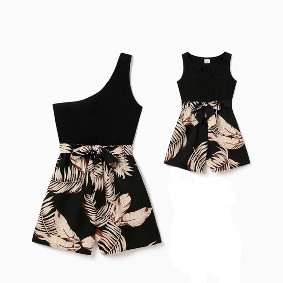 Pat Pat Pants - Black and Beige Leaf Print Romper Set M & 2T